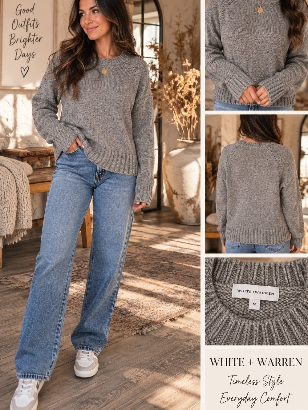 White + Warren Heather Gray Crewneck Sweater with Rib Trim